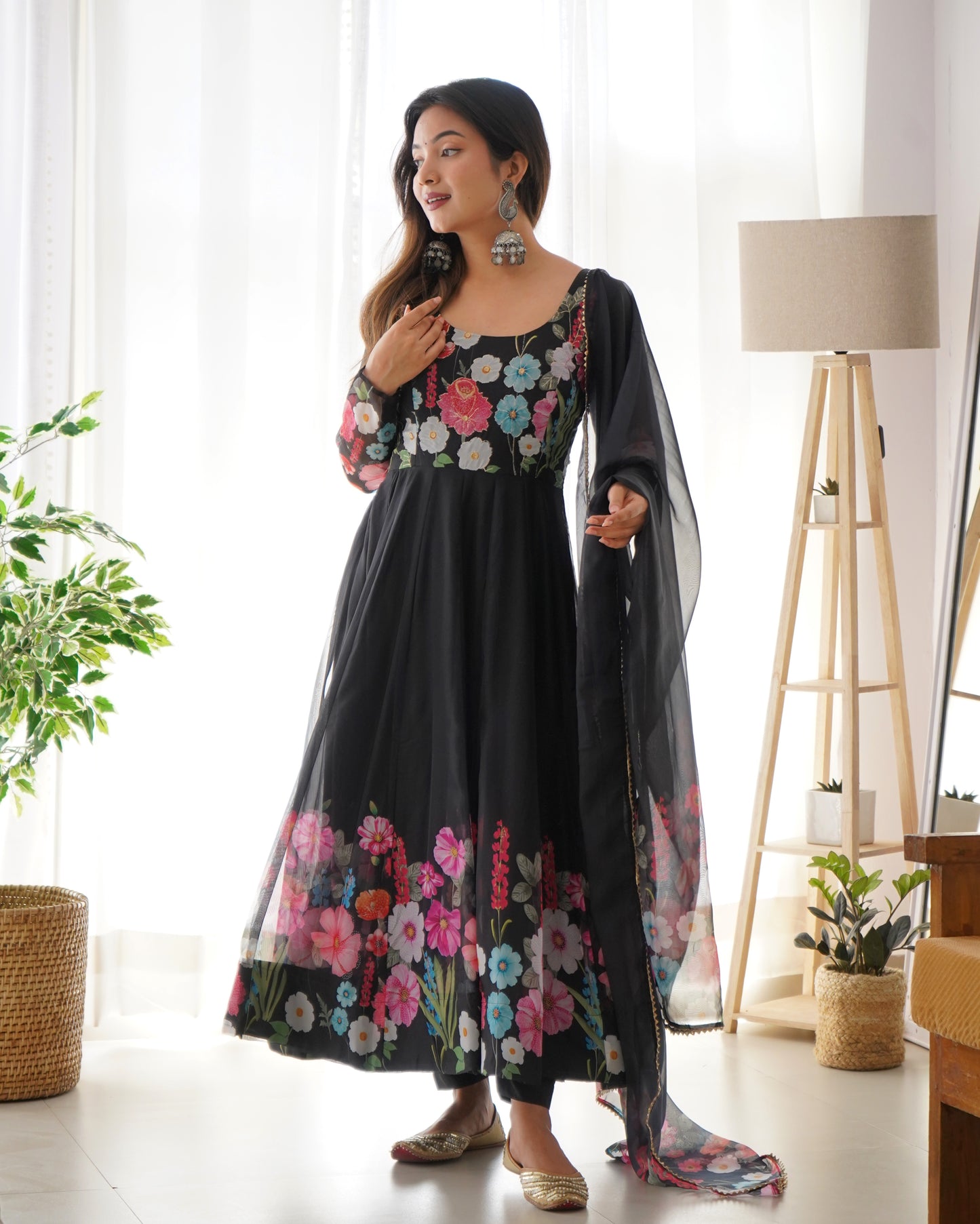 Black Floral Print Organza Three Piece Anarkali Suit