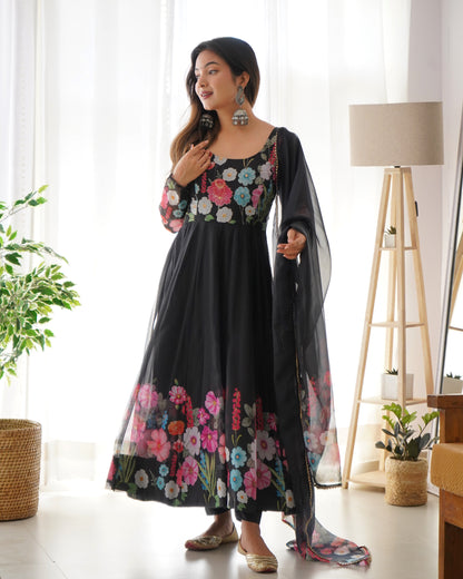 Black Floral Print Organza Three Piece Anarkali Suit