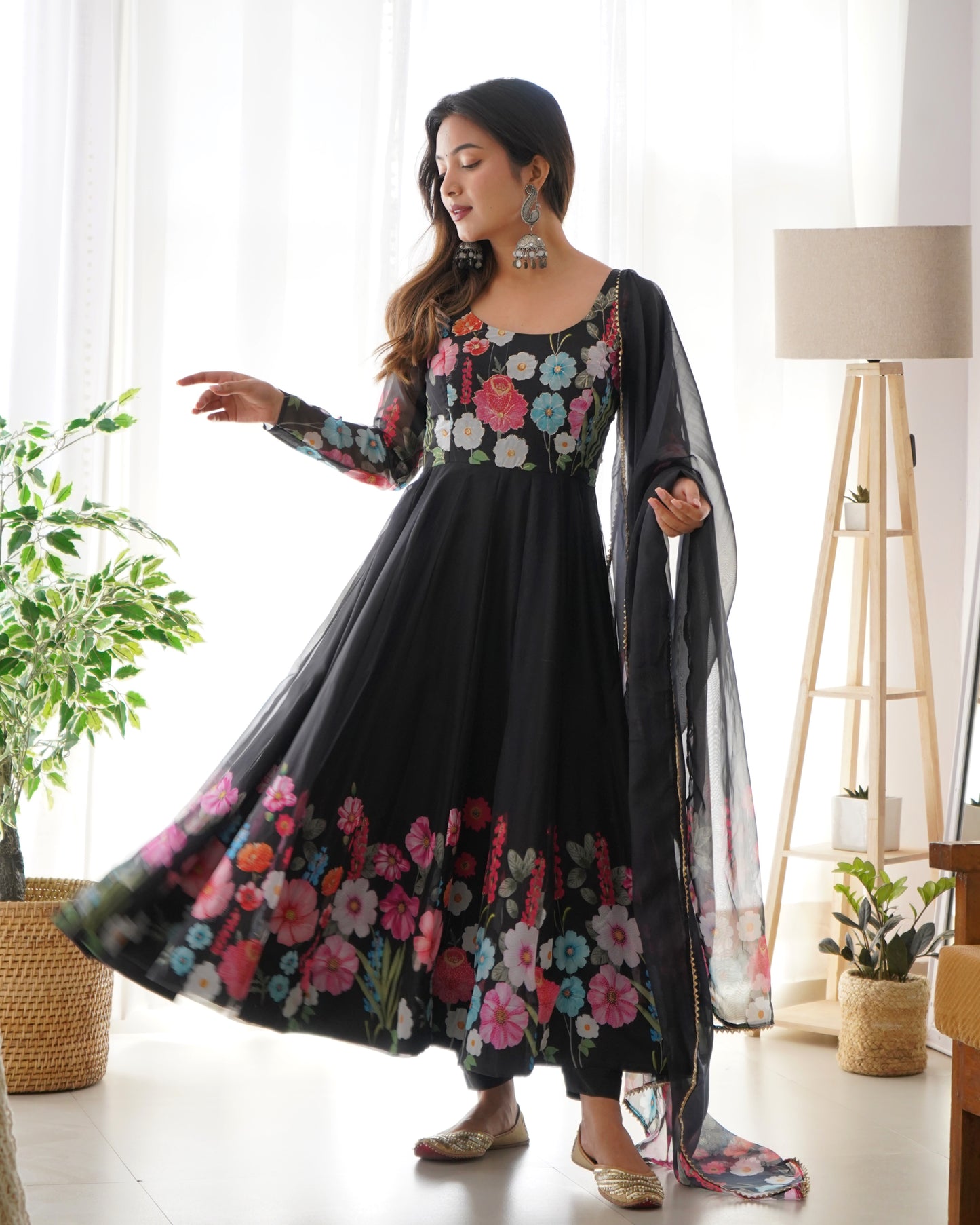 Black Floral Print Organza Three Piece Anarkali Suit