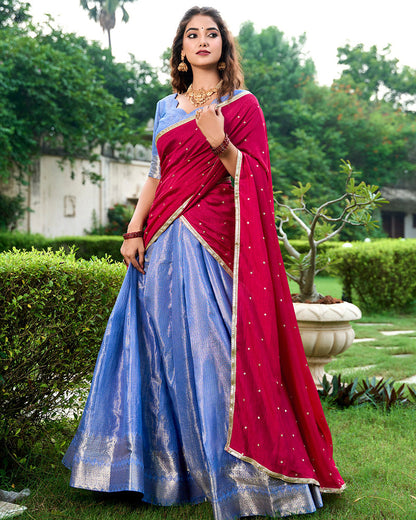 Blue Color Kanchipuram Designer Half Saree Lehenga Choli