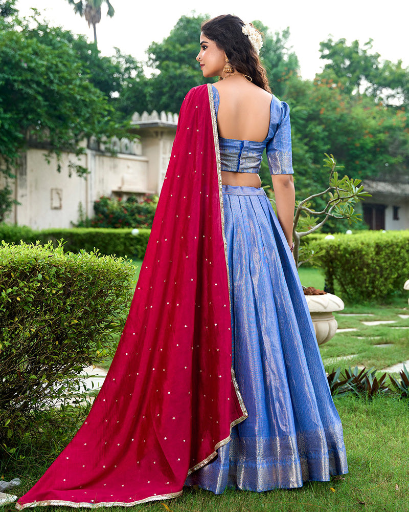 Blue Color Kanchipuram Designer Half Saree Lehenga Choli
