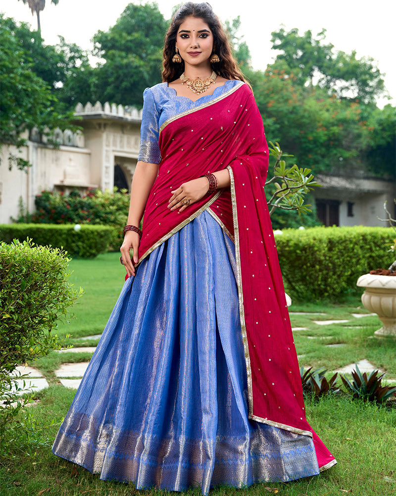 Blue Color Kanchipuram Designer Half Saree Lehenga Choli