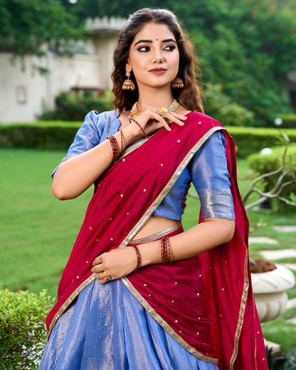 Blue Color Kanchipuram Designer Half Saree Lehenga Choli