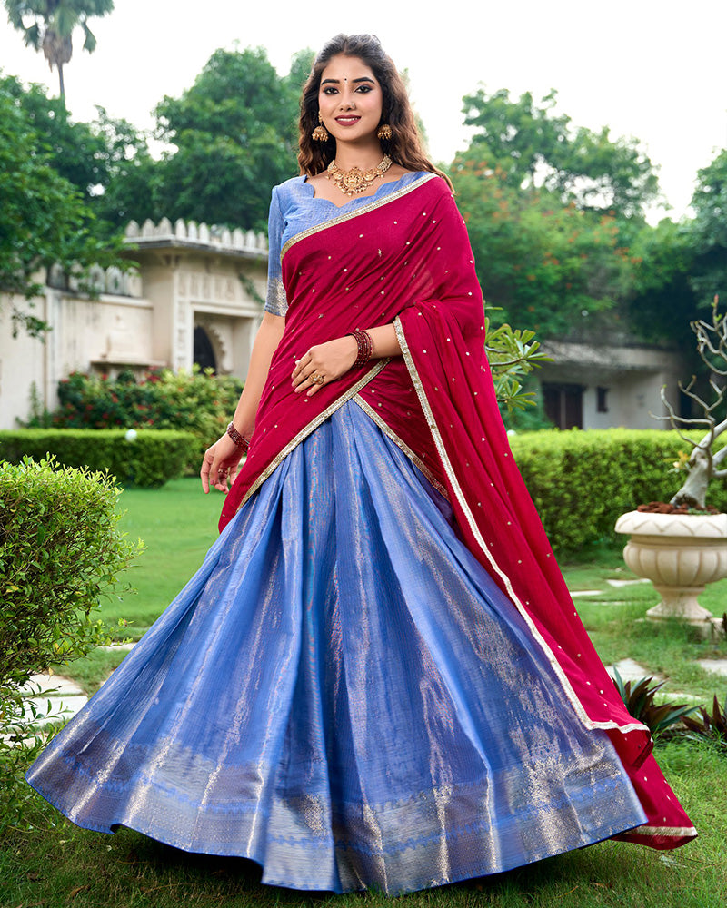 Blue Color Kanchipuram Designer Half Saree Lehenga Choli
