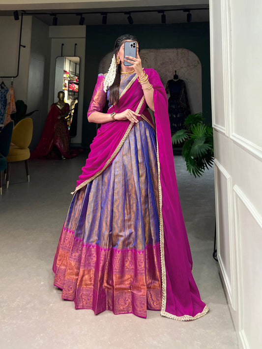 Blue Color Zari Weaving Work Kanjivaram Lehenga Choli