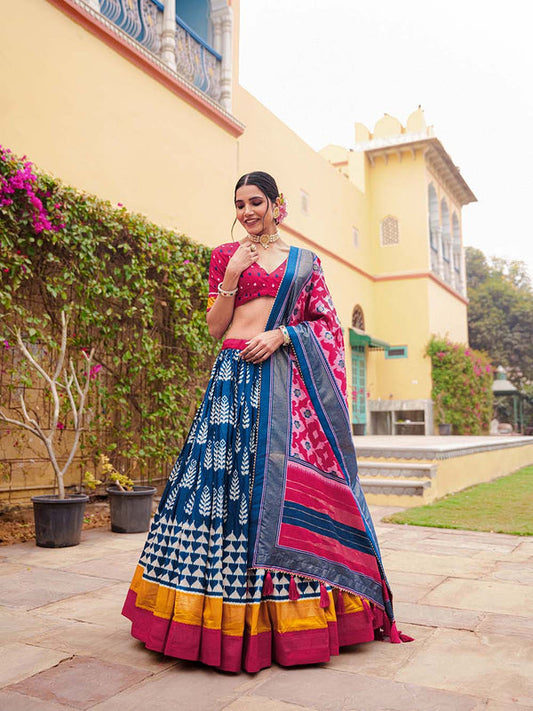 Blue Color Print With Foil Work Tussar Silk Lehenga Choli