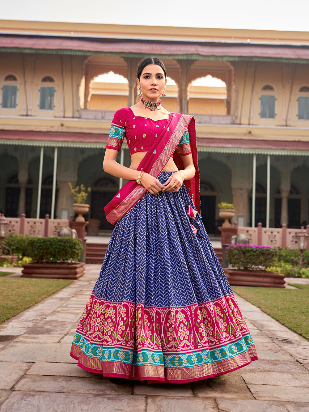 Blue Color Gujrati Patola With Foil Print Tussar Silk Lehenga Choli