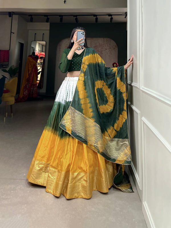 Mehendi Color Shibori Print With Zari Weaving Work Chanderi Lehenga Choli