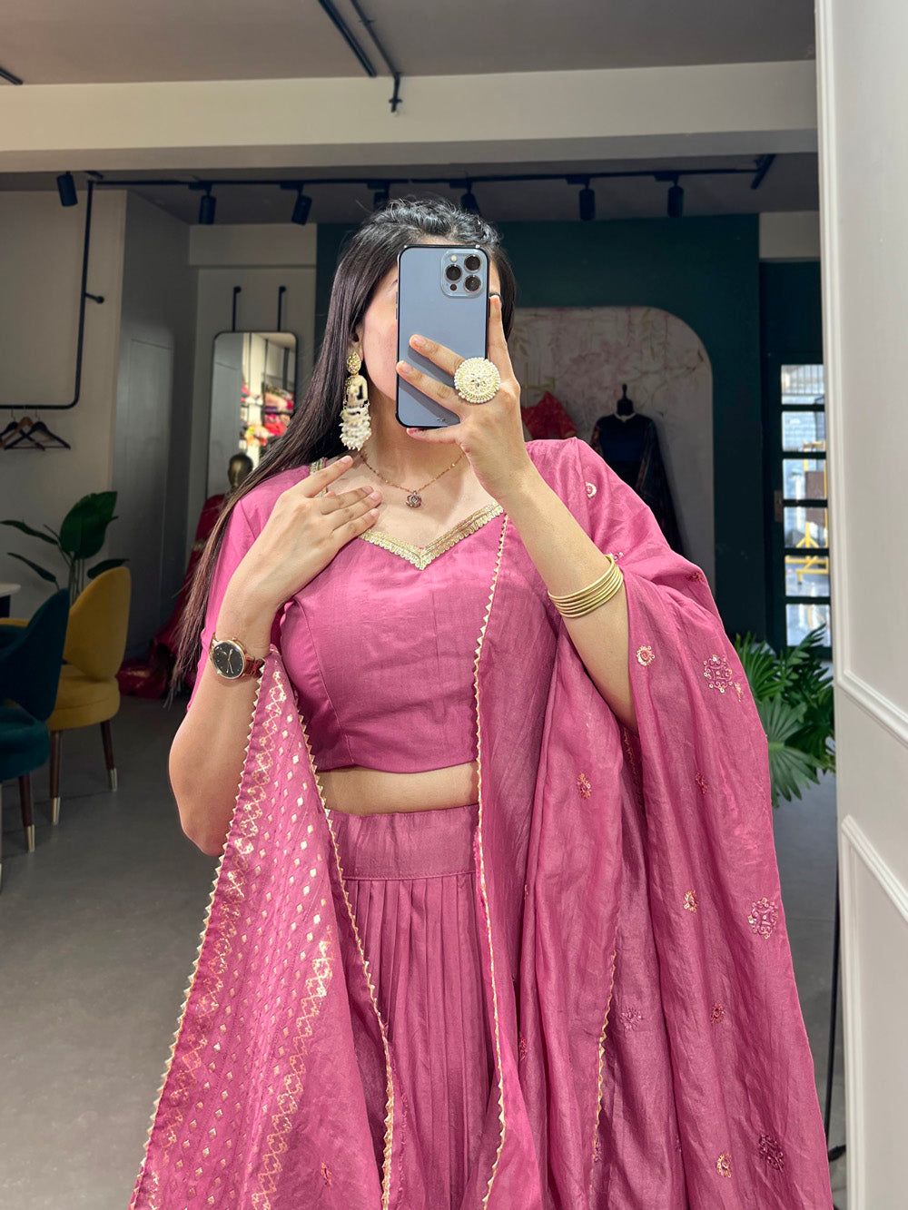 Pink Color Plain With Zari Weaving Work Border Chanderi Lehenga Choli