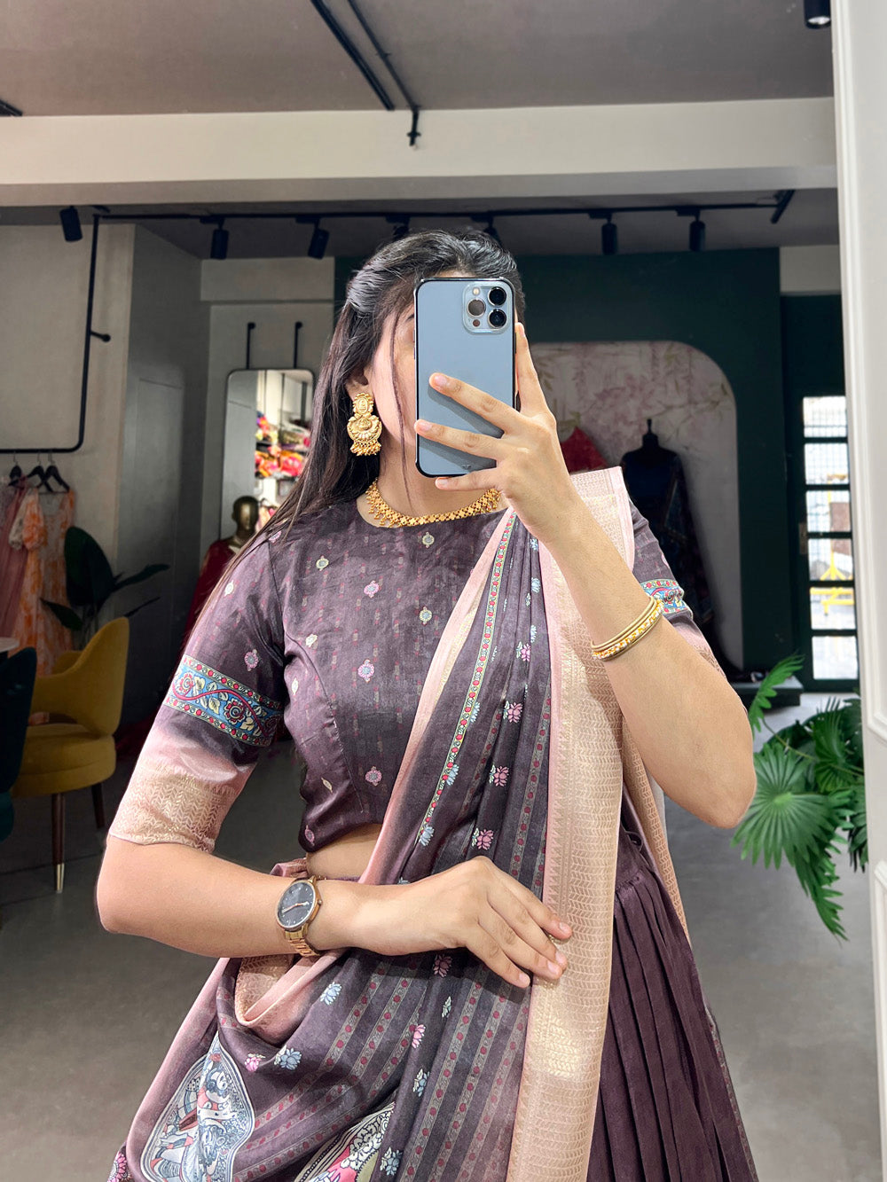 Brown Color Kalamkari Print With Weaving Border Dola Silk Lehenga Choli