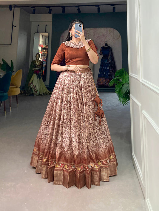 Brown Color Floral Print Zari Weaving Border Dola Silk Co-ord Set Lehenga Choli