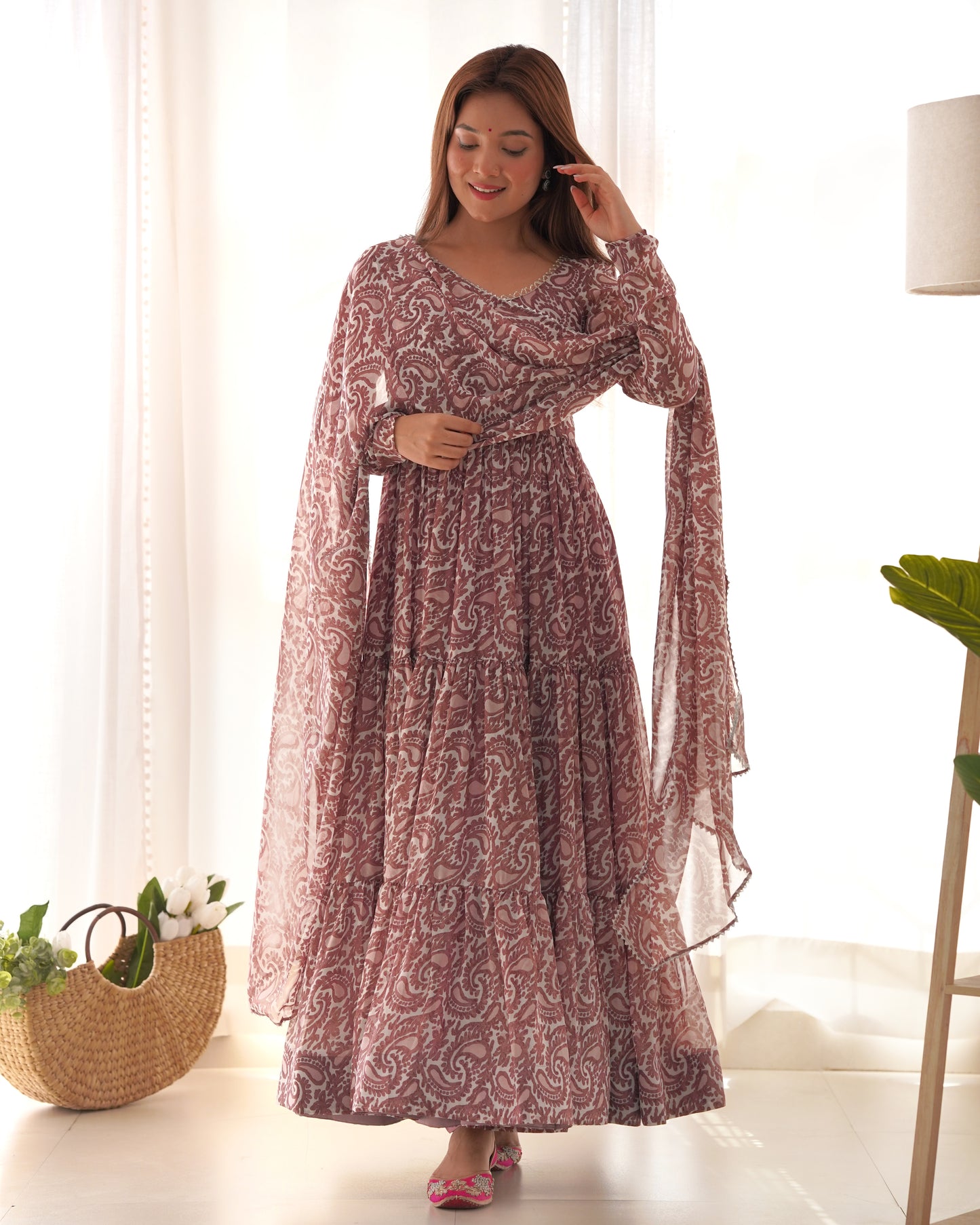 Brown Color Soft Georgette Ruffle Style Anarkali Gown