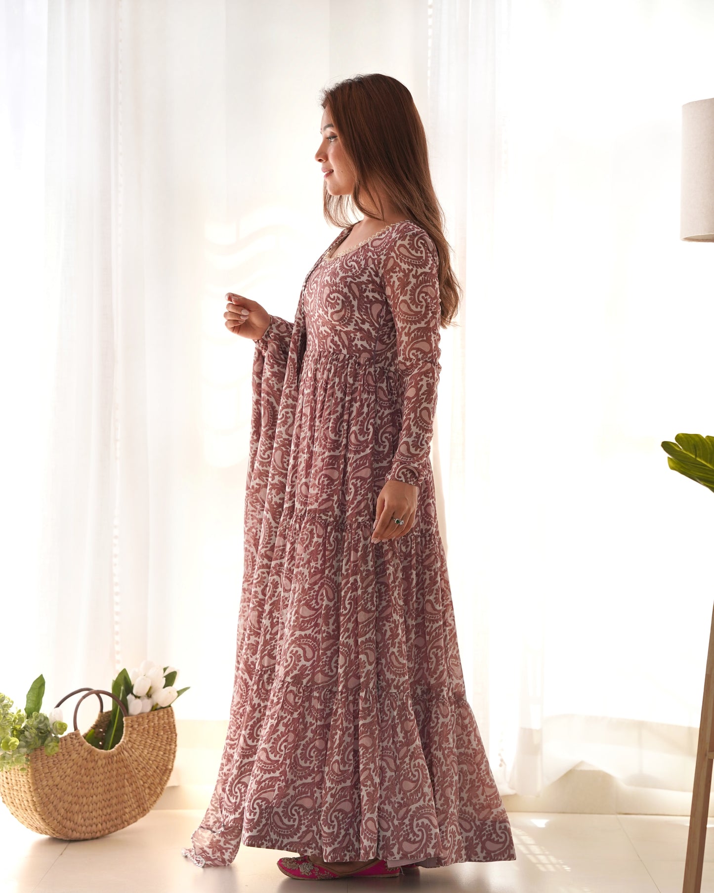 Brown Color Soft Georgette Ruffle Style Anarkali Gown
