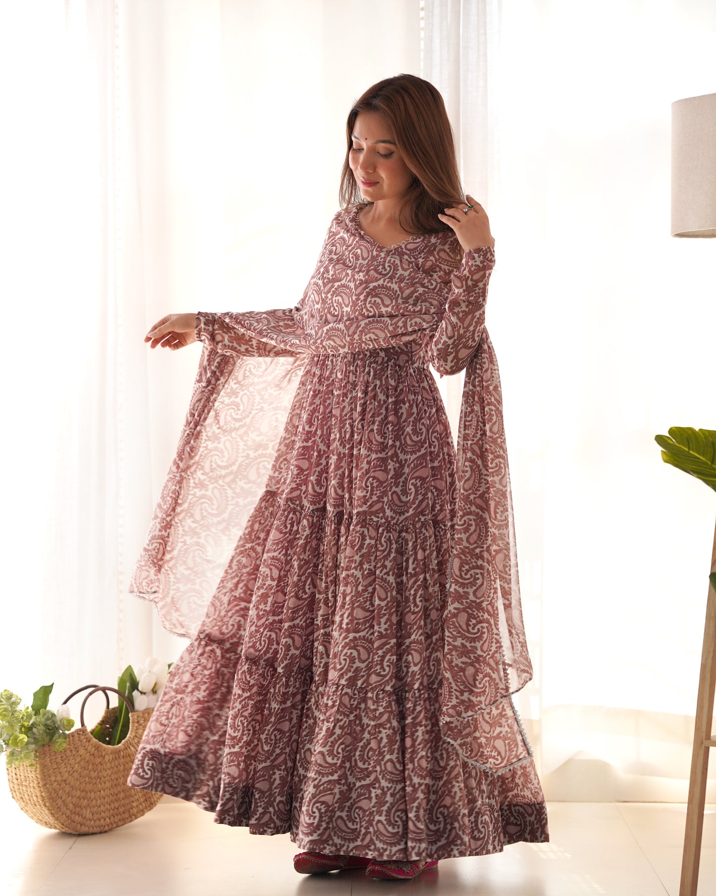 Brown Color Soft Georgette Ruffle Style Anarkali Gown