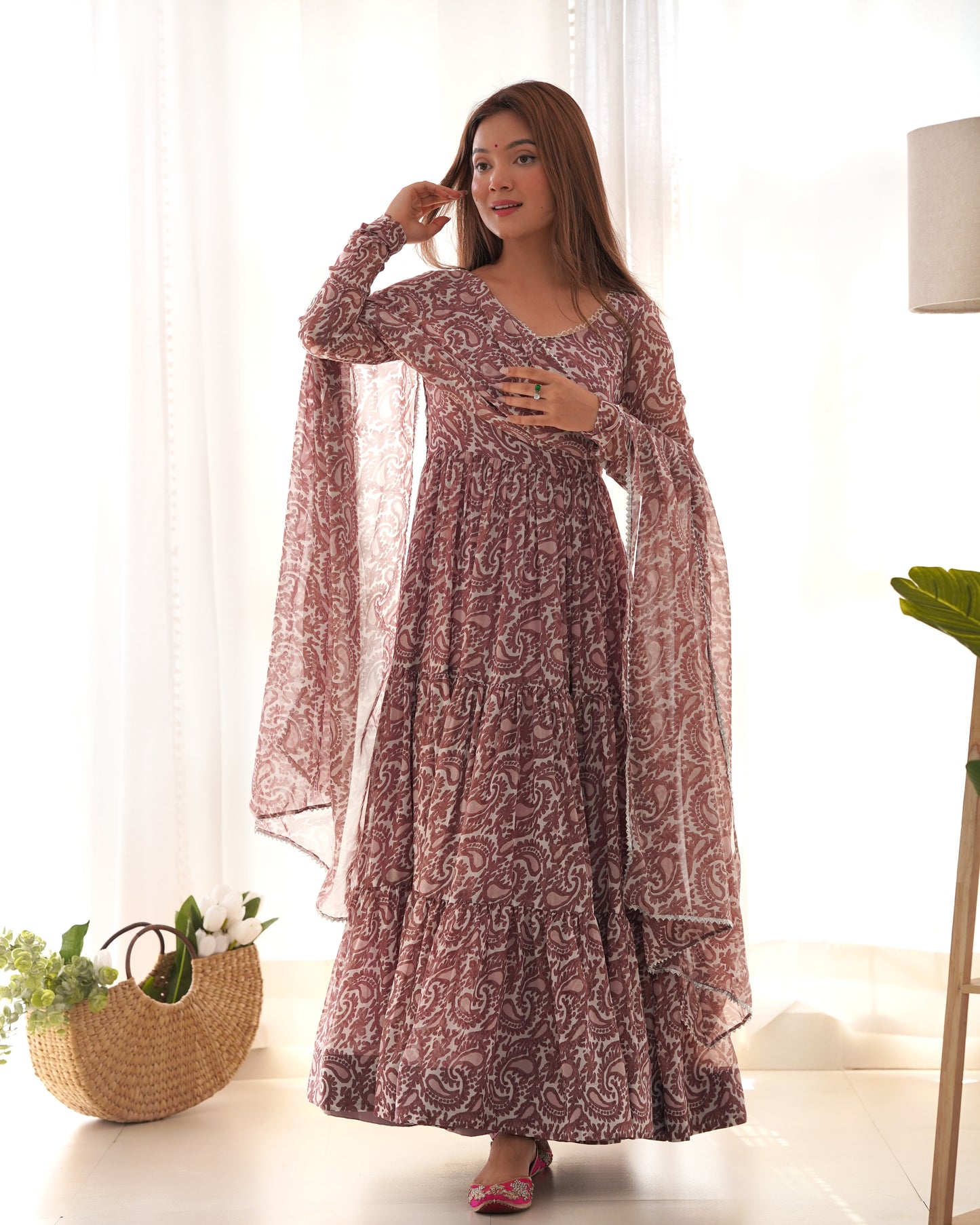 Brown Color Soft Georgette Ruffle Style Anarkali Gown