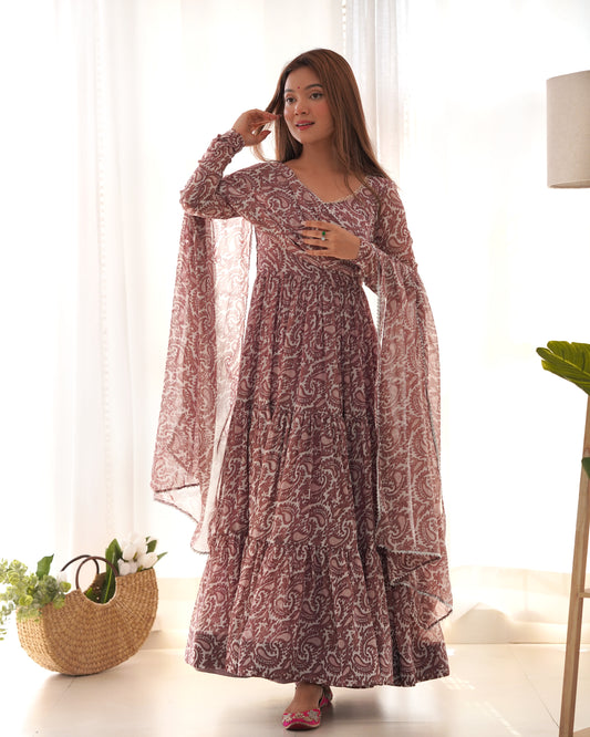 Brown Color Soft Georgette Ruffle Style Anarkali Gown