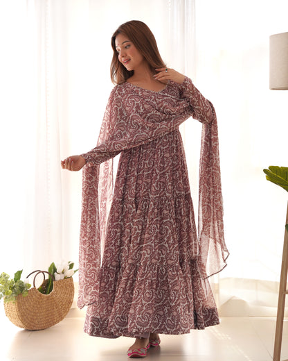 Brown Color Soft Georgette Ruffle Style Anarkali Gown