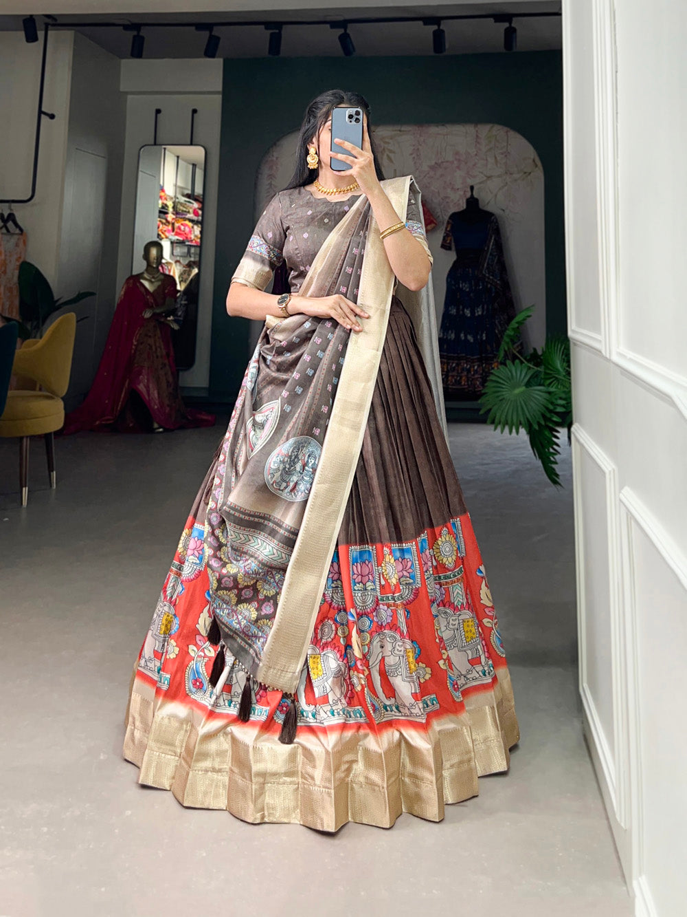Burgundy Color Kalamkari Print With Weaving Border Dola Silk Lehenga Choli