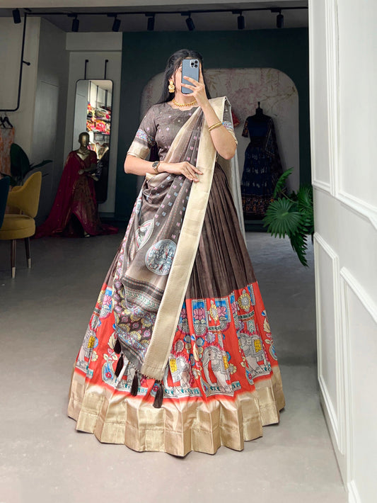 Burgundy Color Kalamkari Print With Weaving Border Dola Silk Lehenga Choli