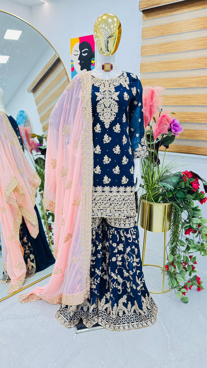 Captivating Blue Color Faux Georgette With Embroidery Codding Sequence Work Designer Sharara Suit