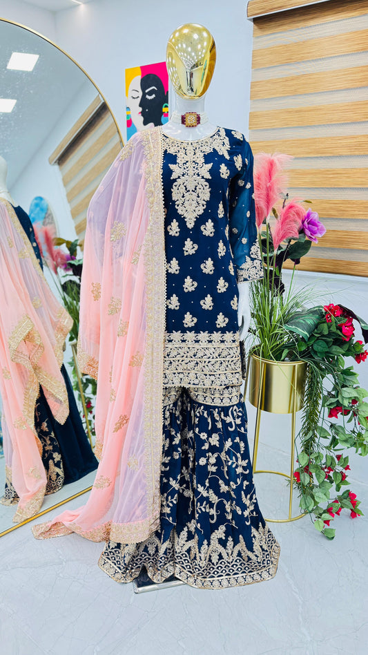 Captivating Blue Color Faux Georgette With Embroidery Codding Sequence Work Designer Sharara Suit