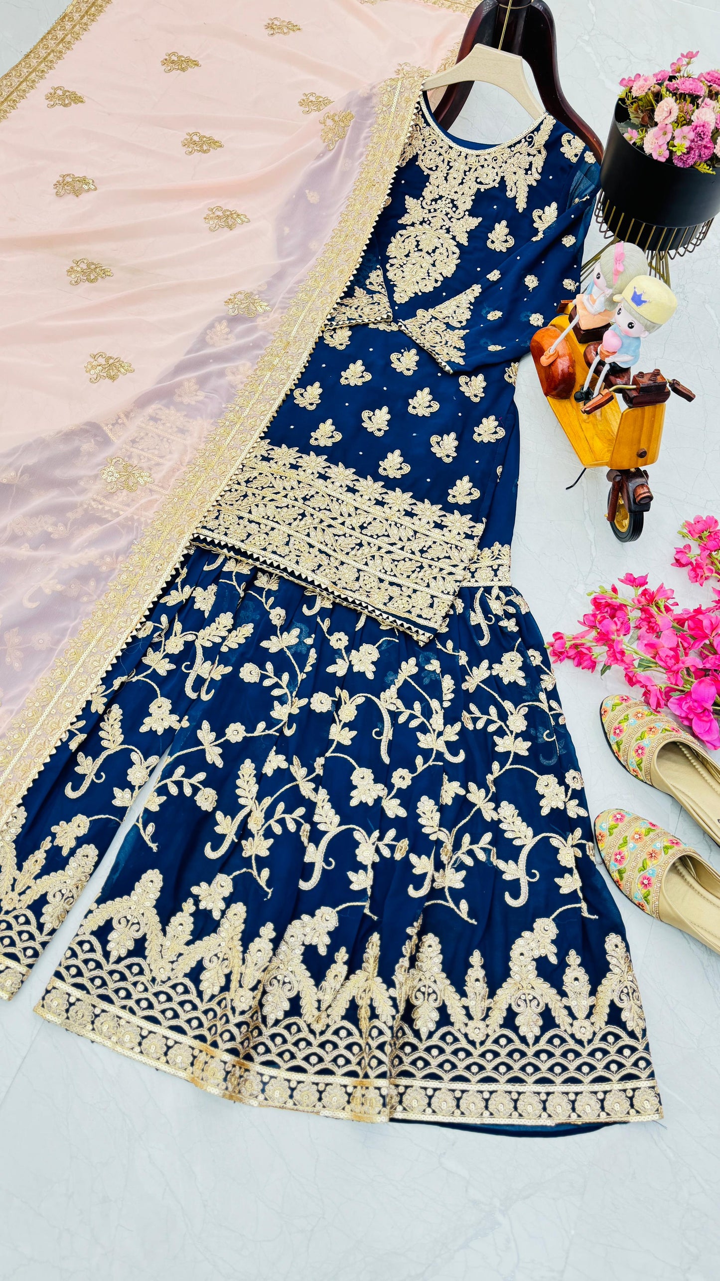 Captivating Blue Color Faux Georgette With Embroidery Codding Sequence Work Designer Sharara Suit