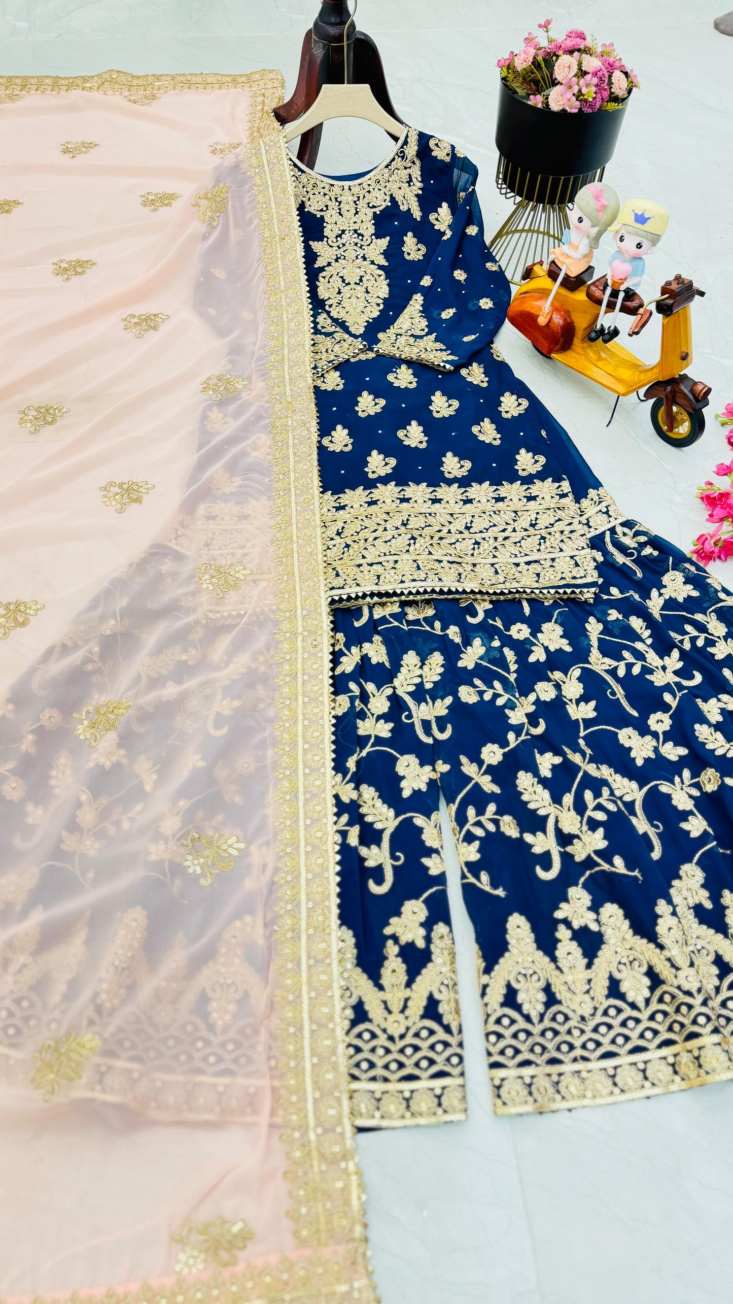 Captivating Blue Color Faux Georgette With Embroidery Codding Sequence Work Designer Sharara Suit
