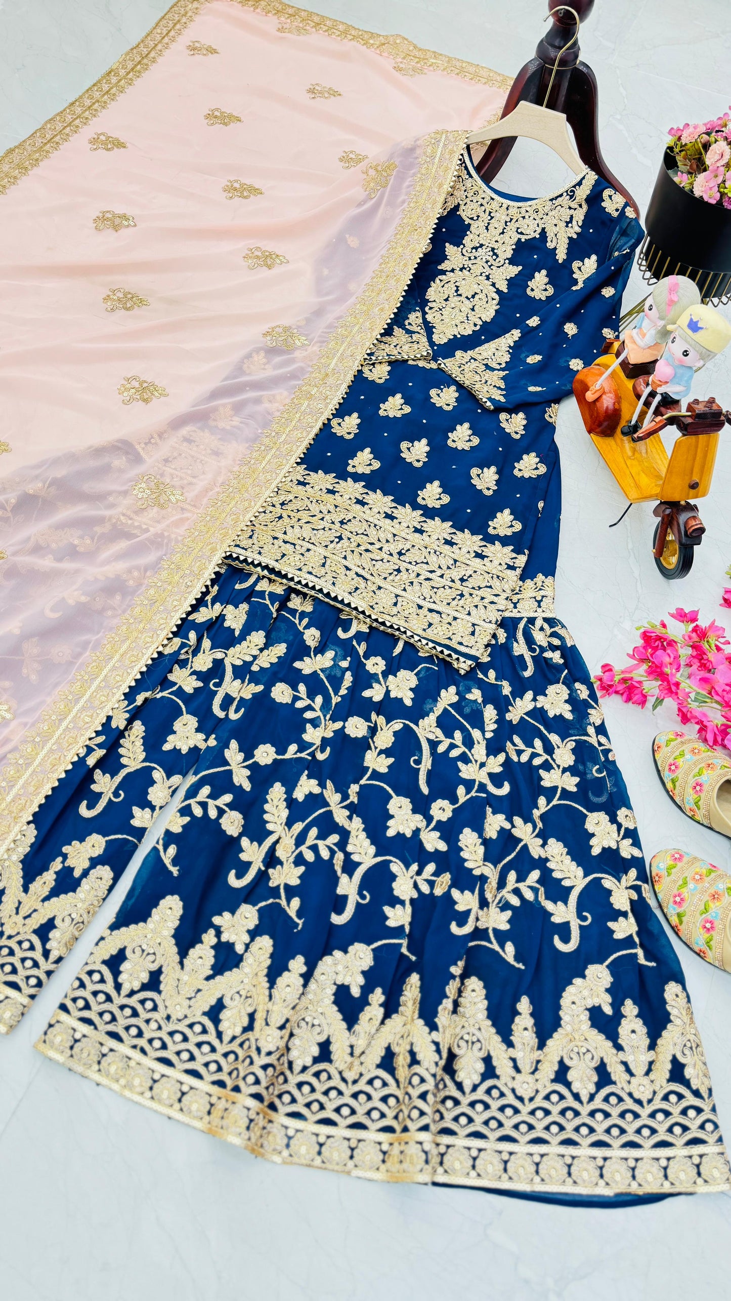 Captivating Blue Color Faux Georgette With Embroidery Codding Sequence Work Designer Sharara Suit