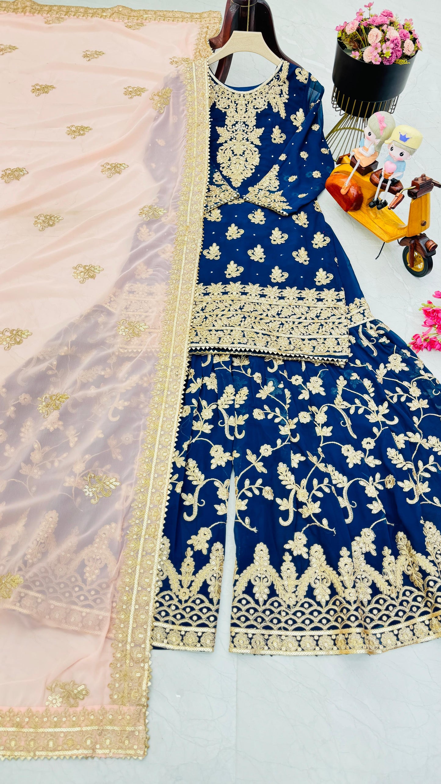 Captivating Blue Color Faux Georgette With Embroidery Codding Sequence Work Designer Sharara Suit