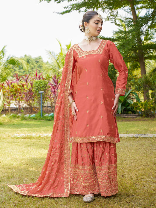 Ceremony Wear Orange Color Chinon And Embroidery With 5mm Sequence Work Designer Sharara Suit