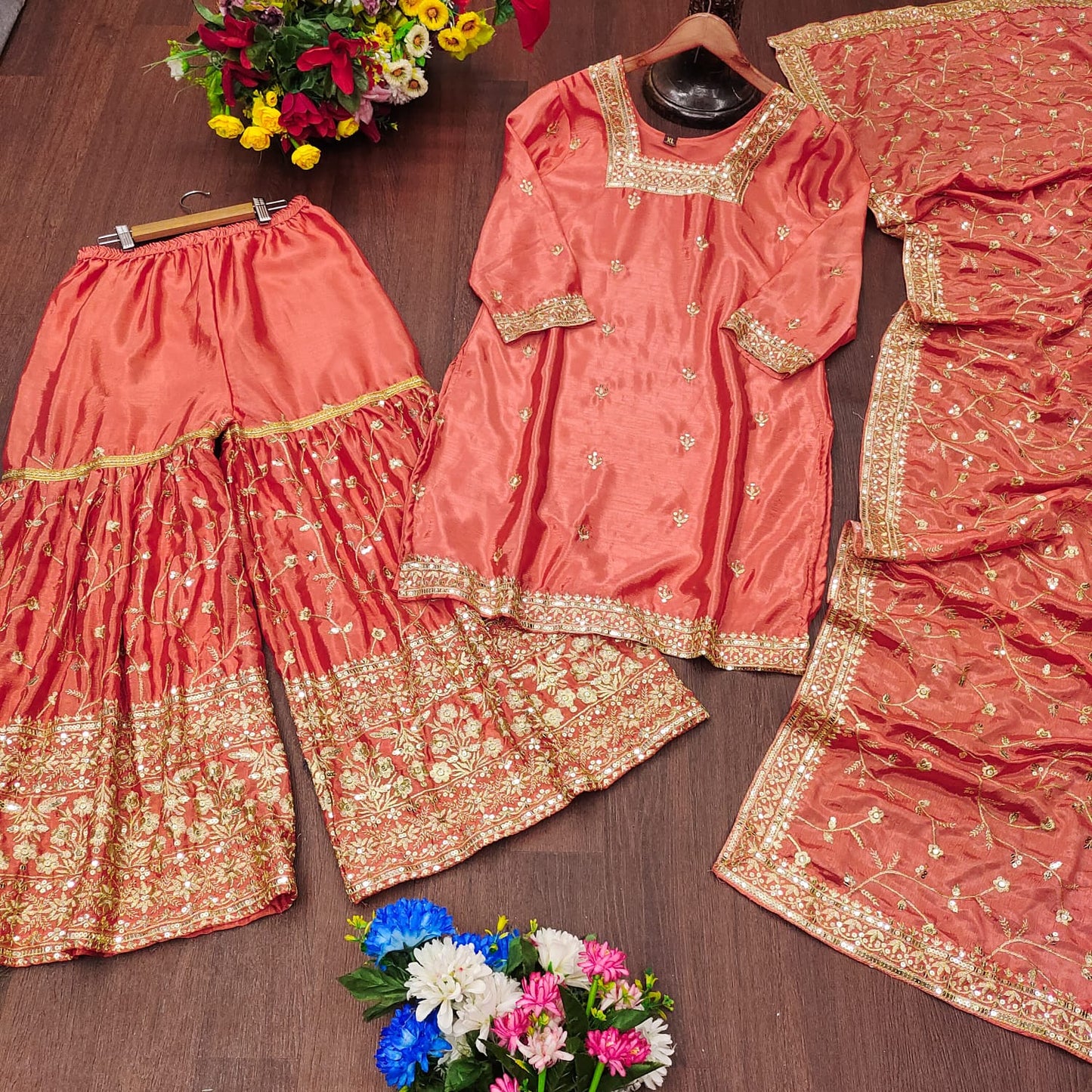 Ceremony Wear Orange Color Chinon And Embroidery With 5mm Sequence Work Designer Sharara Suit