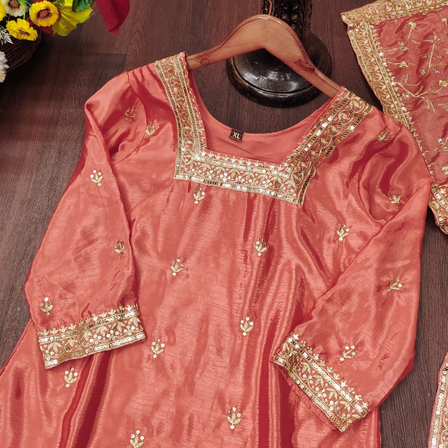 Ceremony Wear Orange Color Chinon And Embroidery With 5mm Sequence Work Designer Sharara Suit