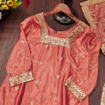 Ceremony Wear Orange Color Chinon And Embroidery With 5mm Sequence Work Designer Sharara Suit