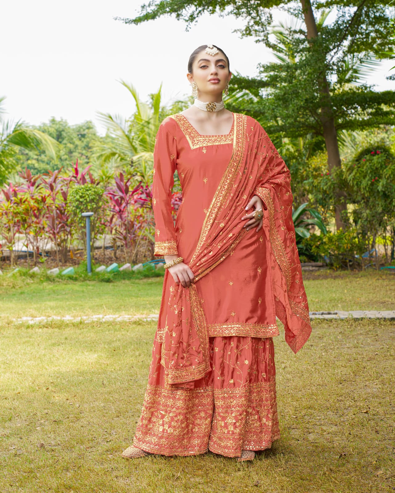 Ceremony Wear Orange Color Chinon And Embroidery With 5mm Sequence Work Designer Sharara Suit