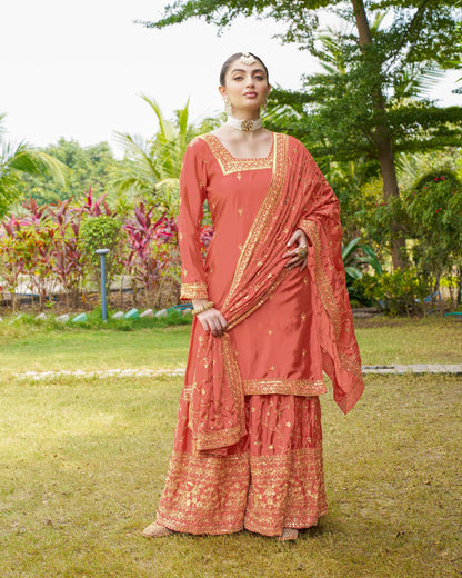 Ceremony Wear Orange Color Chinon And Embroidery With 5mm Sequence Work Designer Sharara Suit