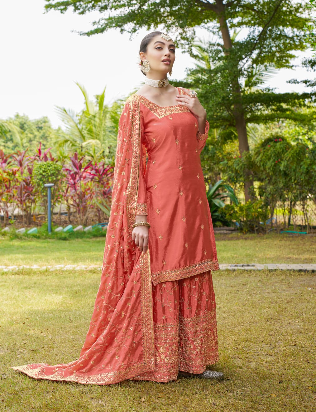 Ceremony Wear Orange Color Chinon And Embroidery With 5mm Sequence Work Designer Sharara Suit