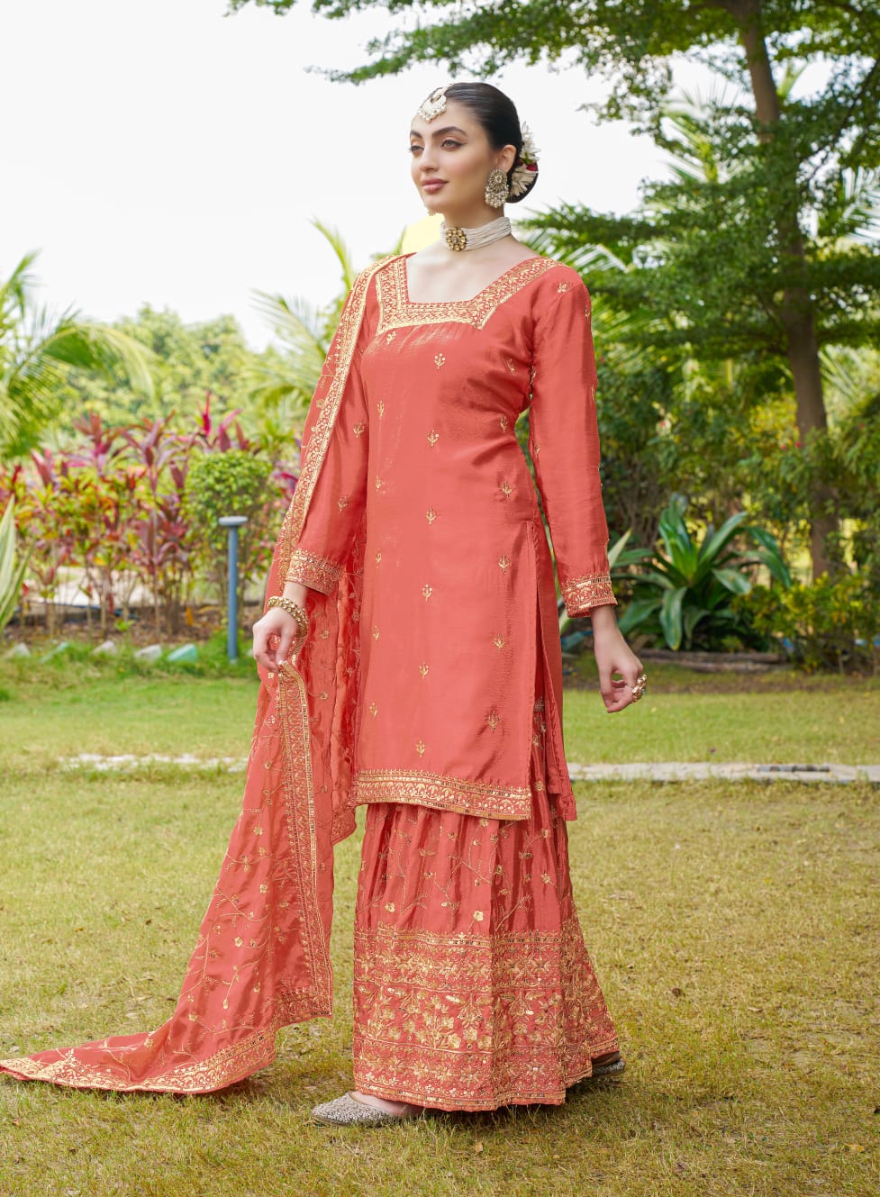 Ceremony Wear Orange Color Chinon And Embroidery With 5mm Sequence Work Designer Sharara Suit