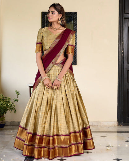 Chikoo Color Cotton Silk Designer Half Saree  Lehenga