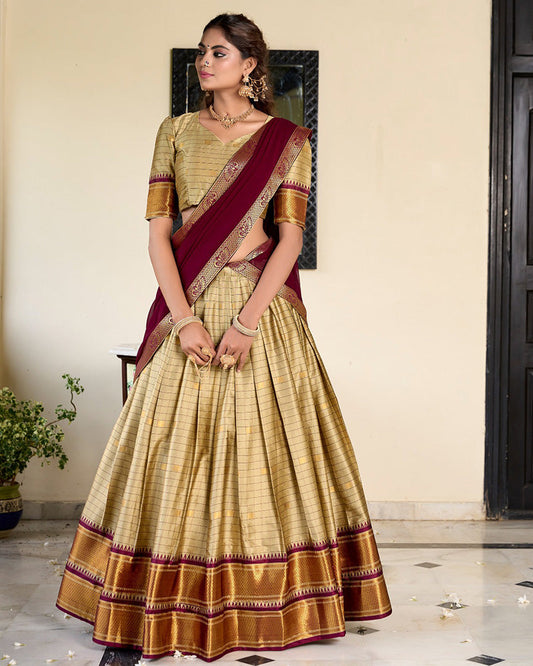 Chikoo Color Cotton Silk Designer Half Saree  Lehenga