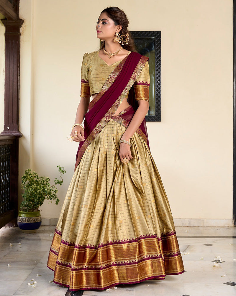 Chikoo Color Cotton Silk Designer Half Saree  Lehenga