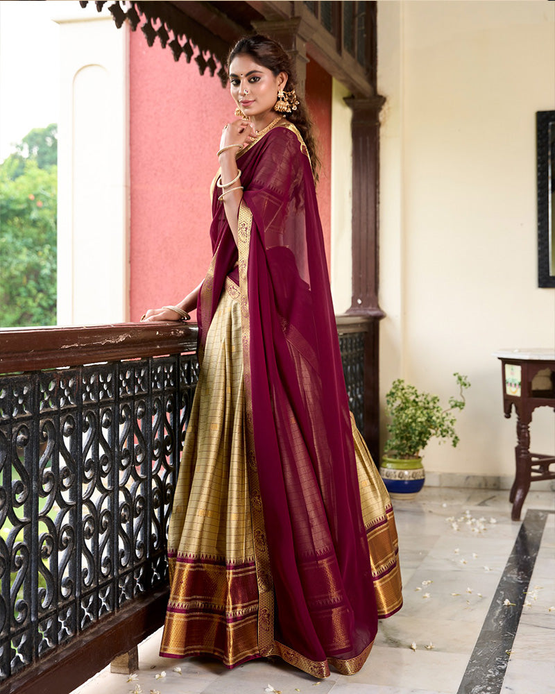 Chikoo Color Cotton Silk Designer Half Saree  Lehenga