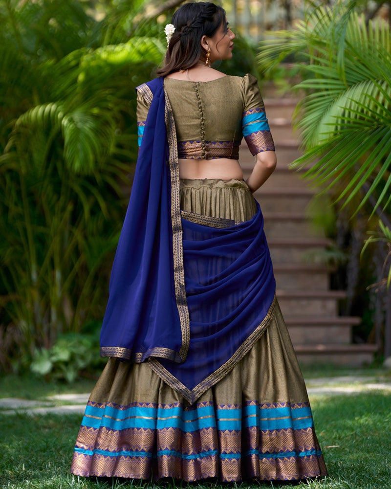 Chikoo Color Poly Cotton South India Pongal Festival Special Half Saree Lehenga Set