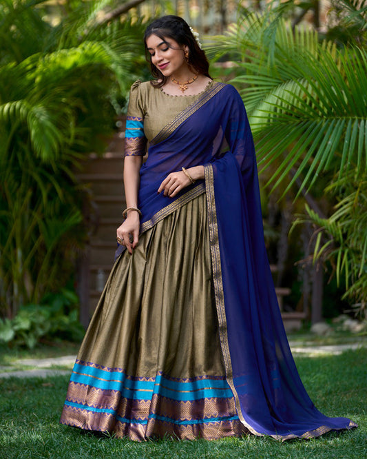 Chikoo Color Poly Cotton South India Pongal Festival Special Half Saree Lehenga Set
