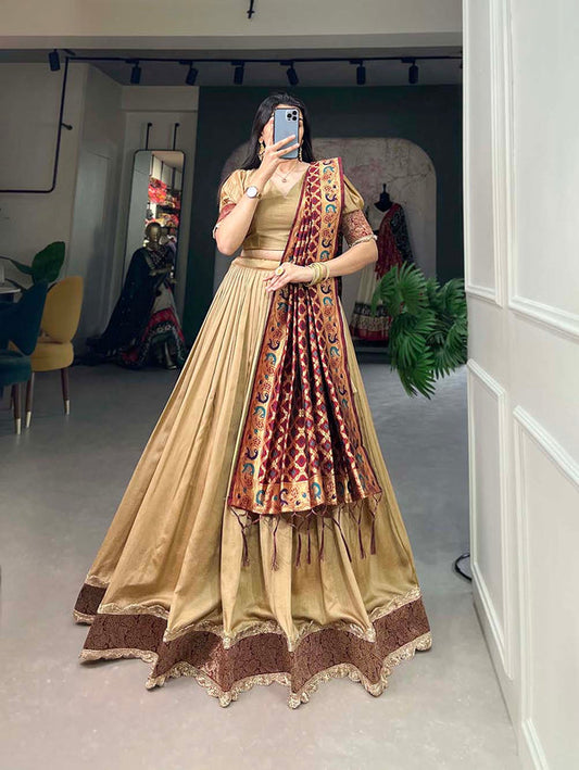 Chiku Color Plain With Jacquard Lace Border Vichitra Silk Lehenga Choli