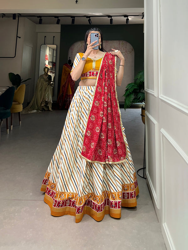 Mustard Color Laheriya With Patola Print Cotton Lehenga Choli