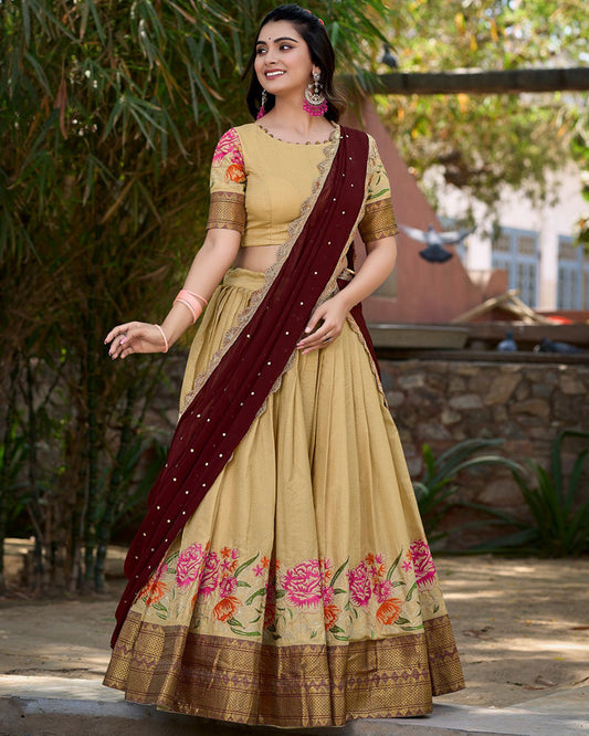 Cotton Silk Designer Cream South India Pongal Festival Half Saree Lehenga Set