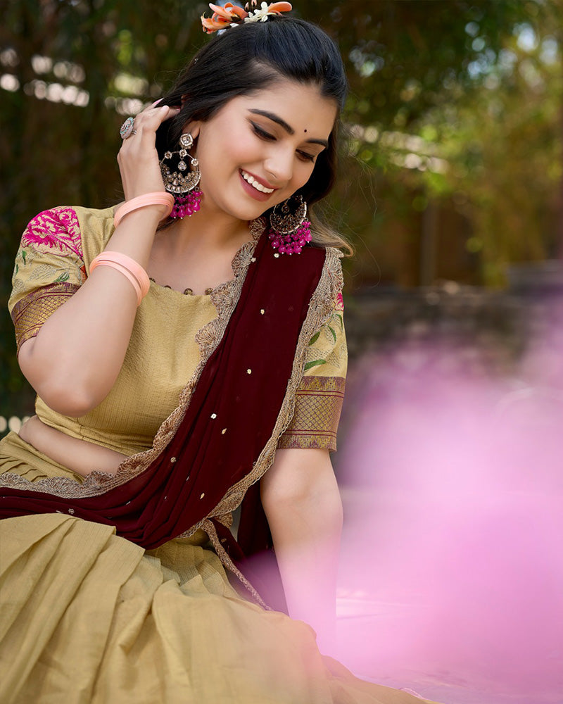 Cotton Silk Designer Cream South India Pongal Festival Half Saree Lehenga Set