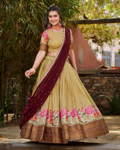 Cotton Silk Designer Cream South India Pongal Festival Half Saree Lehenga Set