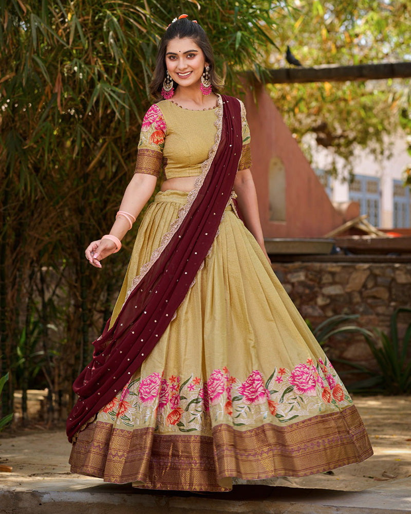Cotton Silk Designer Cream South India Pongal Festival Half Saree Lehenga Set
