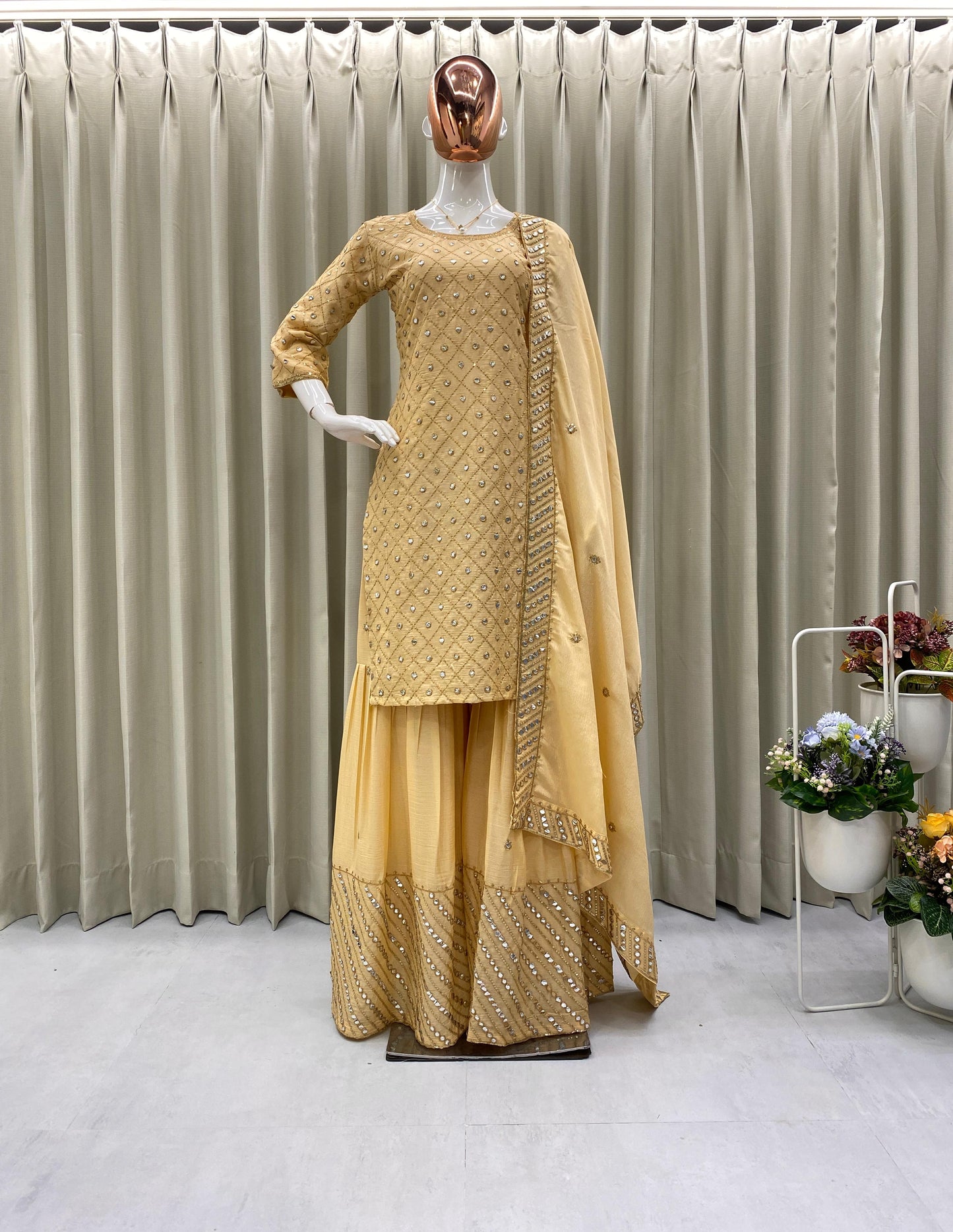 Cream Color Georgette With Sequence Embroidery Work Designer Sharara Suit